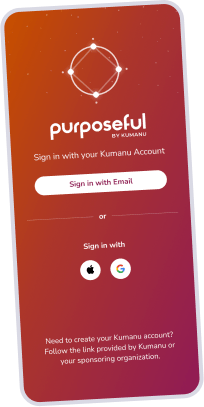 Purposeful app screen showing sign up