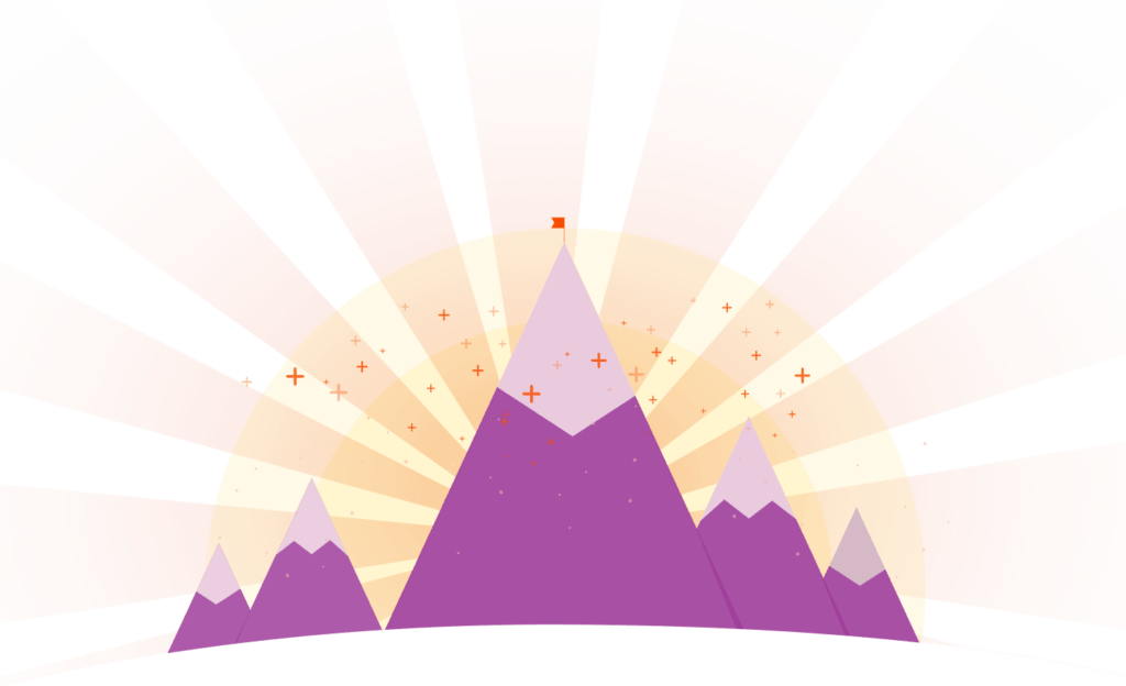 image of mountain peaks with flag on tallest one surrounded by stylized sun beams from behind mountains